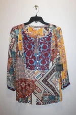 JOHN MARK WIL SIDE TASSEL-TIE BLOUSE FLORAL-GEOMETRIC MULTICOLOR SIZE M