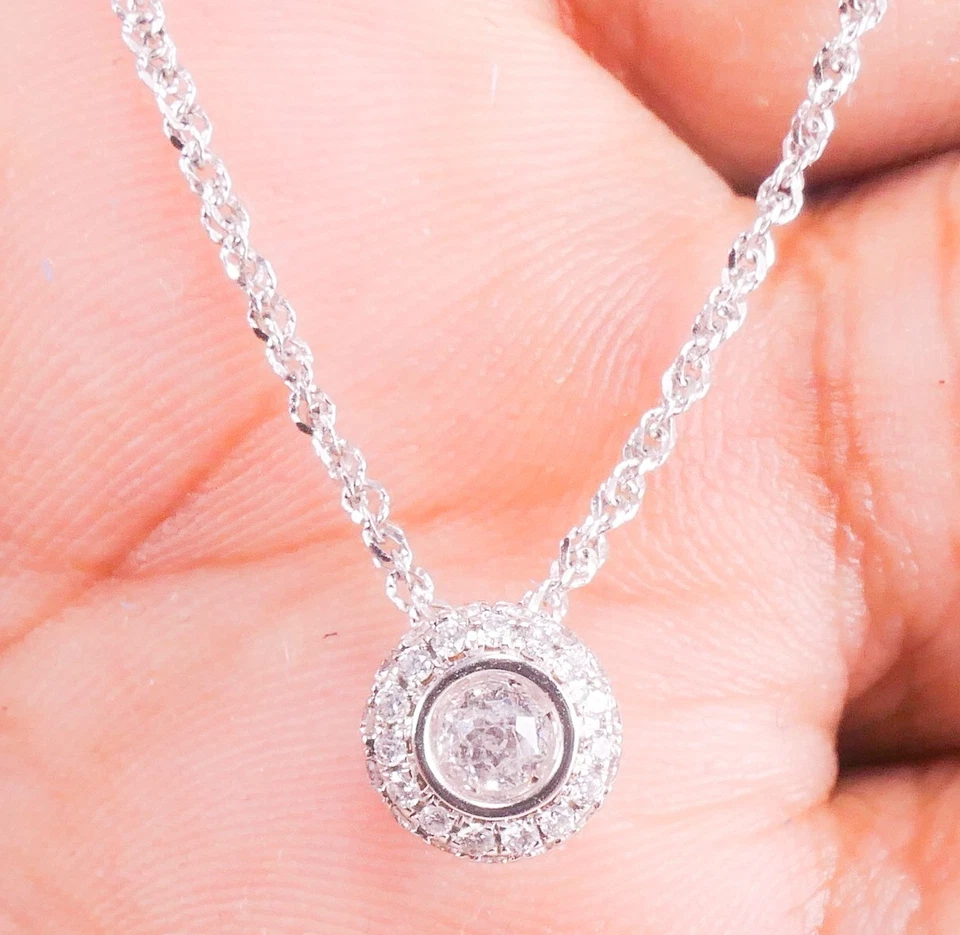 Ожерелье с круглой подвеской из золота 14 карат с кластером натуральных бриллиантов 0,28 карата 19,5 дюйма 3,2 грамма - Изображение 3 из 4
