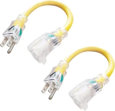 2 Pack 1 ft Lighted Extension Cord - 12/3 SJTW Heavy Duty Yellow Extension Cable