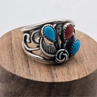 Vintage Sterling Silver CJC Turquoise Red Stone Floral Ring Southwestern