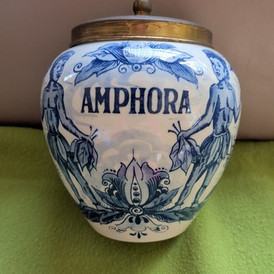 Vintage Delft Blue Holland Amphora Tobacco Jar Humidor Hand Painted Brass Lid