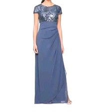 Alex Evenings Maxi Dress Sequin Ruched Embroidery Round Neck Holiday Blue Zip 8