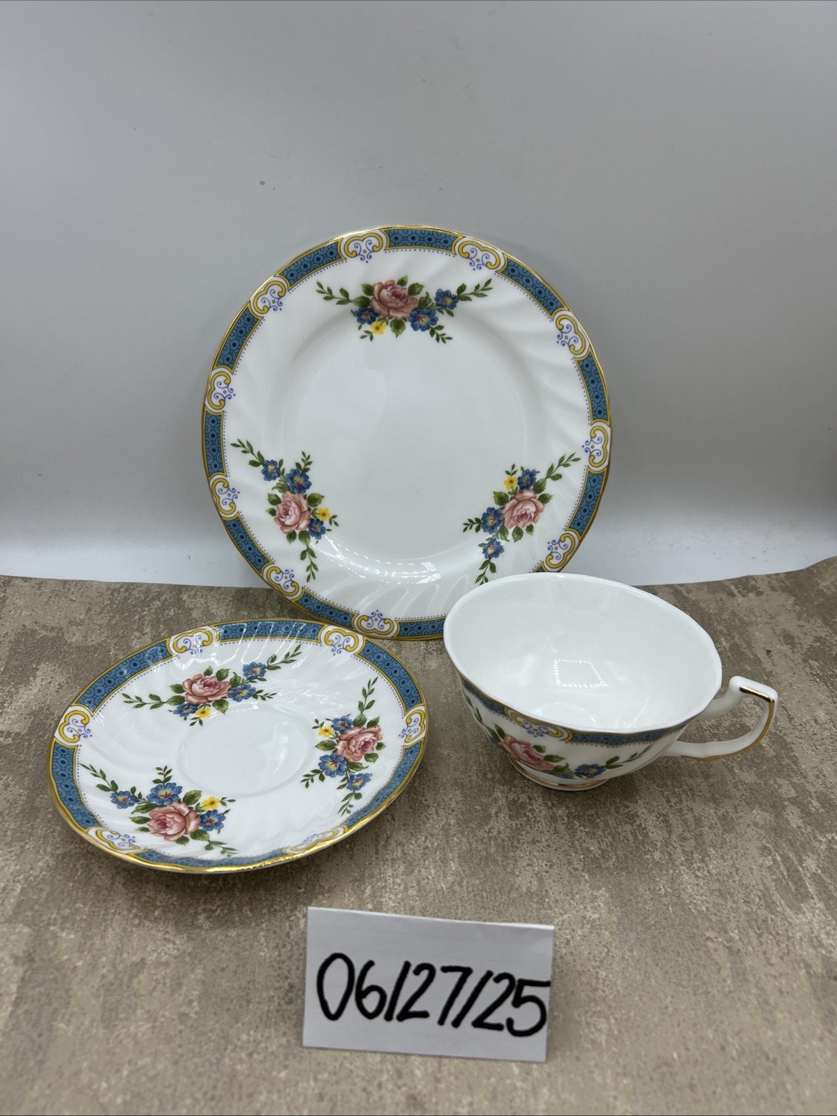 Shabby Chic Vintage China Tea Set 3 Trios (Cup, Saucer, Dessert Plate)