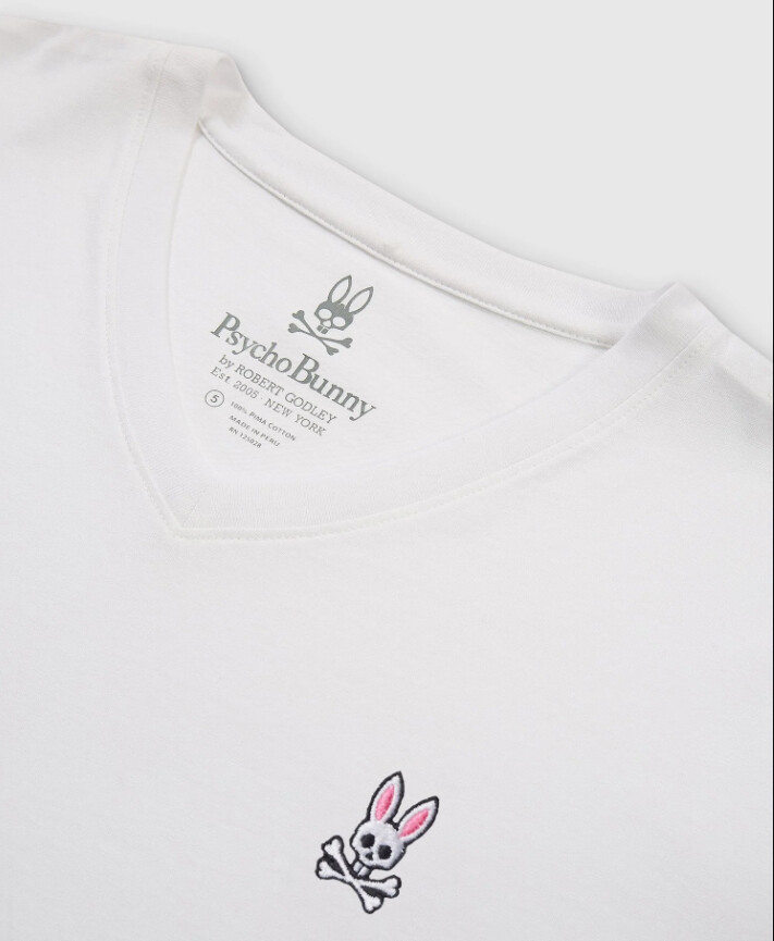Psycho Bunny Men's White Solid Embroidered Bunny Logo V-Neck Long