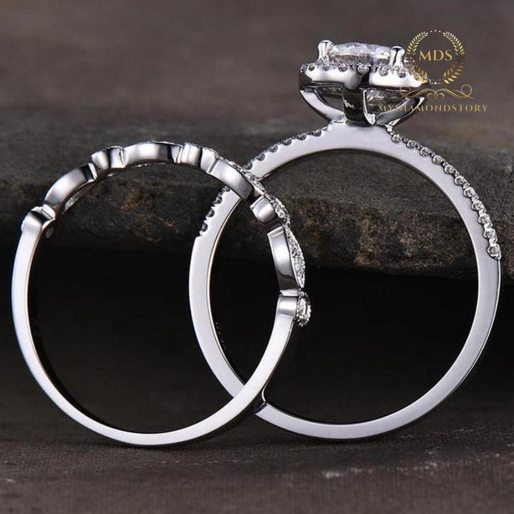 Moissanite 3Ct Round VVS1 Trio Set Engagement Ring 14k