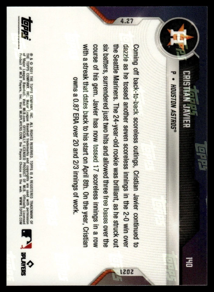 2021 Topps Now Cristian Javier Rookie Houston Astros #140 - Image 2 of 2