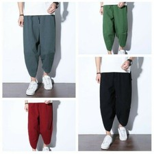 Men Wide Leg Pants Cotton Linen Loose Baggy Summer Casual Trousers Fashion New