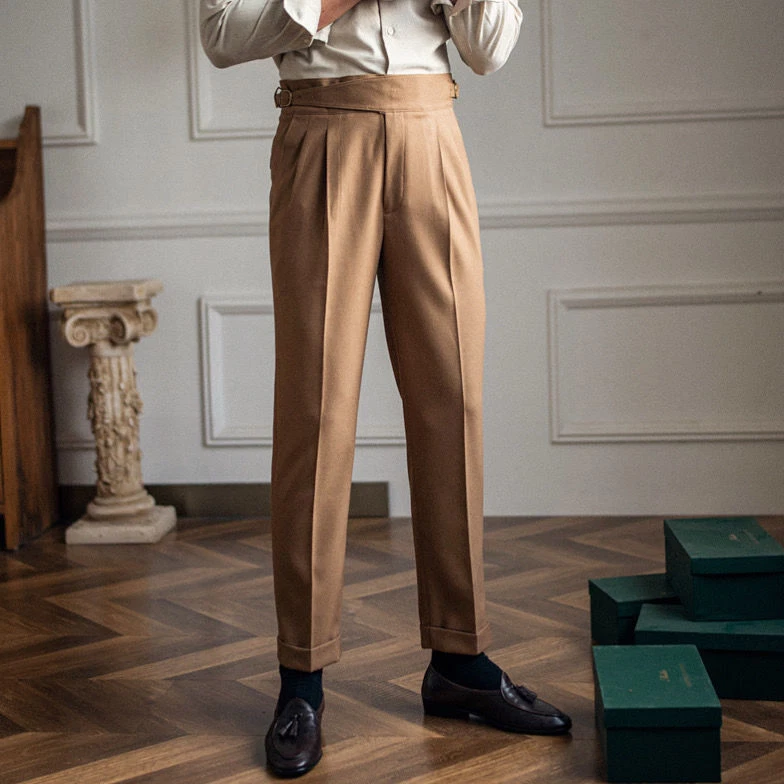 Men Casual High-waisted Straight Leg Dress Pants British Vintage Suit  Trousers