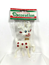 Vintage 1987 Christmas FLOCKED REINDEER W/ Red Polka Dots Ornament 5" Tall