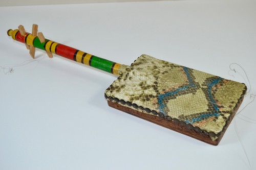 Vintage African Musical Wooden Faux Snake Skin Guembri String Folk Instrument - Picture 3 of 11