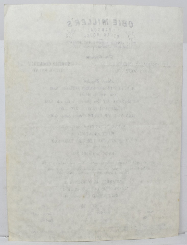 1970s Obie Miller’s Inn Restaurant Menu 1679 Lincoln Highway East ...