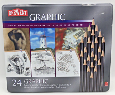 Neu und versiegelt Derwent Graphic 9B-9H 24 Graphit Zeichenstifte in Dose