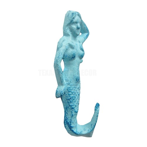Mermaid Wall Hook Towel Coat Hanger Cast Iron Antique Style Blue Nautical Decor - Picture 2 of 4