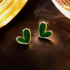 Chic Green Heart Stud Earrings Simple Jewelry Women Girl Gift Golden Toned