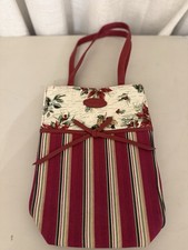 Longaberger Holiday Gift Bag Small Tote Poinsettia Stripe Canvas Purse EUC