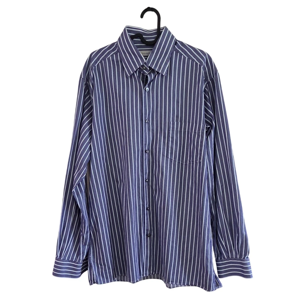 Camisa de vestir Ermenegildo Zegna para hombre L azul blanco a rayas 100 % algodón dobladillos ventilados Foto 2 de 4