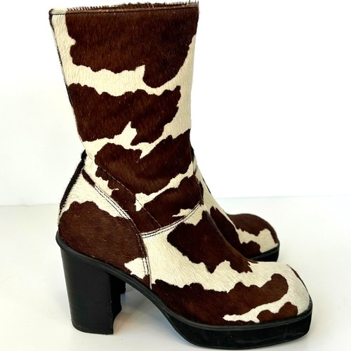 Vintage Steve Madden SFANTASY Cow Print Calf Hair Platform Boots 7.5 B - Image 1
