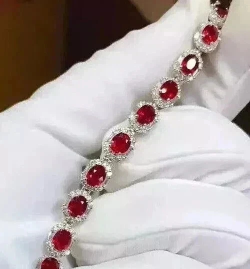 14Ct Oval Lab Created Red Ruby Women's Tennis Bracelet 14K White Gold Plated 7" - Image 2 of 4