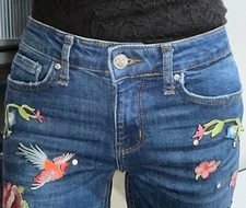 Jeans boho ZARA Premium denim ricamato toppa floreale uccellini giapponesi strass