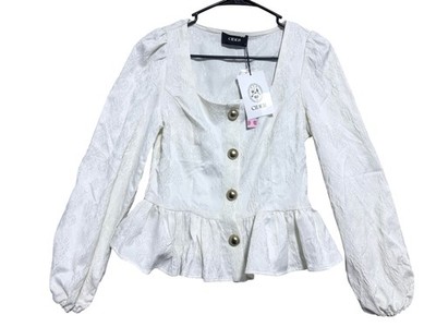 Cider Shirt Womens Small White Jacquard Peplum Button Front Long Puff Sleeve