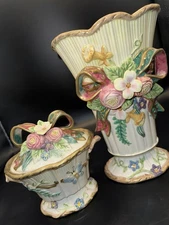 Fitz & Floyd Classic WOODLAND SPRING 10" Vase/Candy Dish Set, Butterfly Flowers