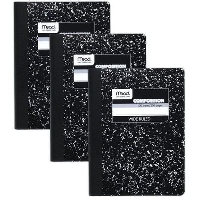 Mead Composition Notebook, 3 Pack, Wide Ruled Paper, 7-1/2'' Pack of 3, Black 