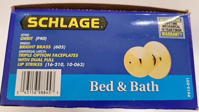 SCHLAGE 605 BRIGHT BRASS - F40 ORB ORBIT SERIES PRIVACY BED & BATH DOOR KNOB