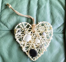 Small Hanging Wicker Heart With Shells, Glass And Charms 13x13cm