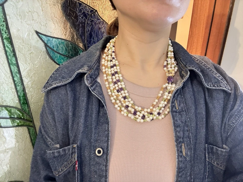 Collana Multi Filo Vintage Pietre Preziose Ametista Peridoto Citrino Idea Regalo - Immagine 3 di 4