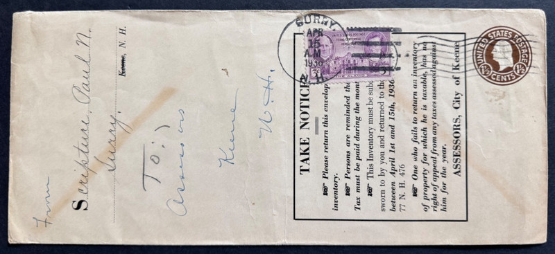 AtoZ. 1936 Surry NH City Assessor-Keene Property Inventory Return Envelope