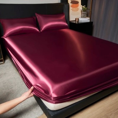 Satin Spannbettlaken Einfarbig Elastisch Matratzenbezug Weich Bettlaken Ohne Pillowca