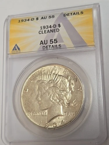 1934-D $1 Peace Silver Dollar ANACS AU55 Details Cleaned