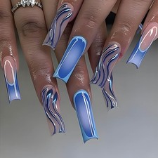Long Square Blue Ombre French Tip Press On Nails, Glossy Cute Acrylic Fake Nails