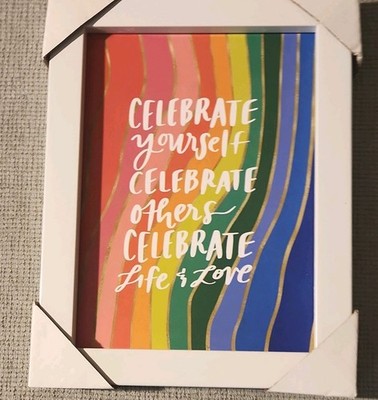 NEW~CELEBRATE White Rectangle Photo Frame with Rainbow background, Hanging 