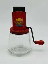 Vintage Androck #49 Nut Grinder Chopper Glass Jar Red Tulips Wood Handle