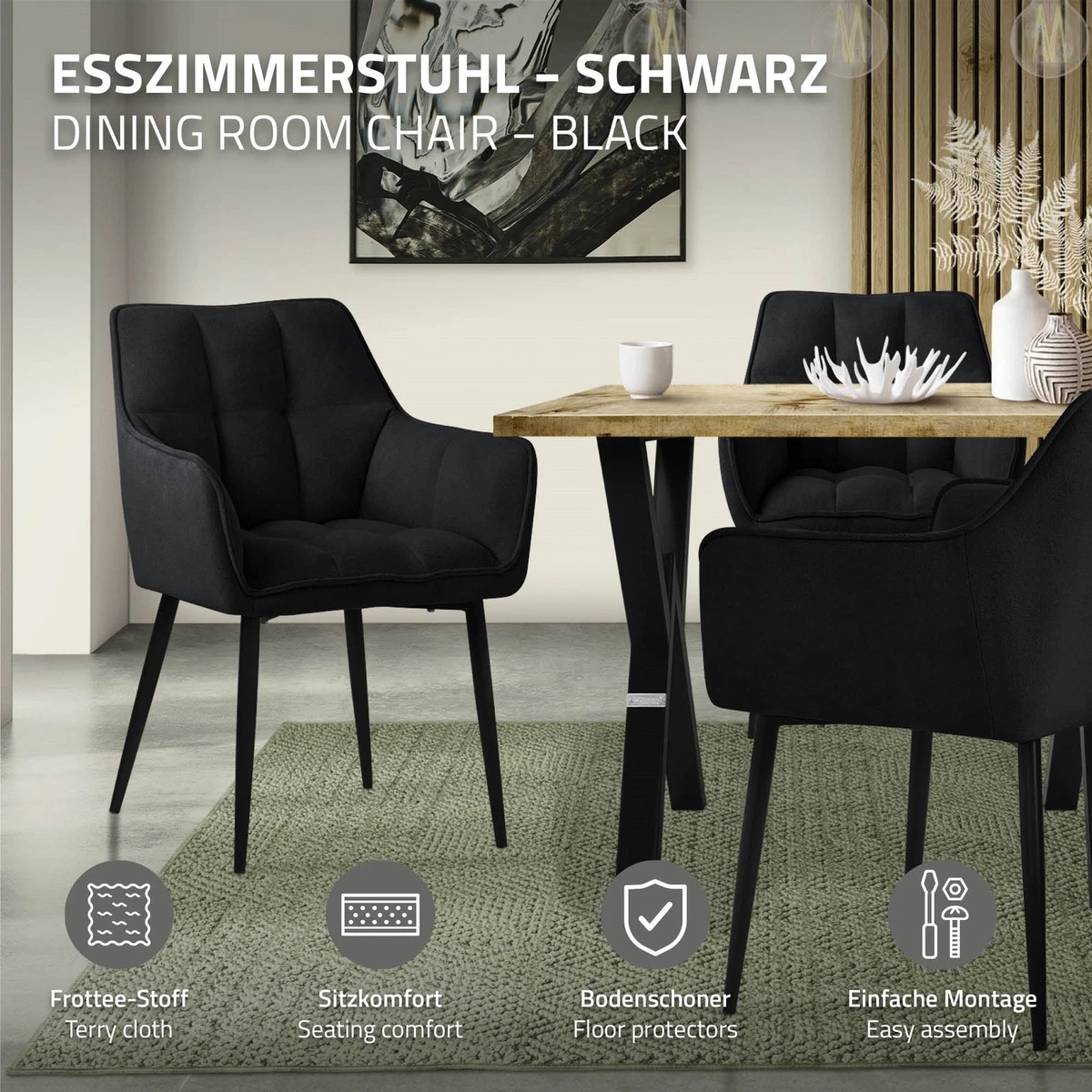2x Sillas de comedor negras de tejido de rizo asiento ergonómico con patas metal