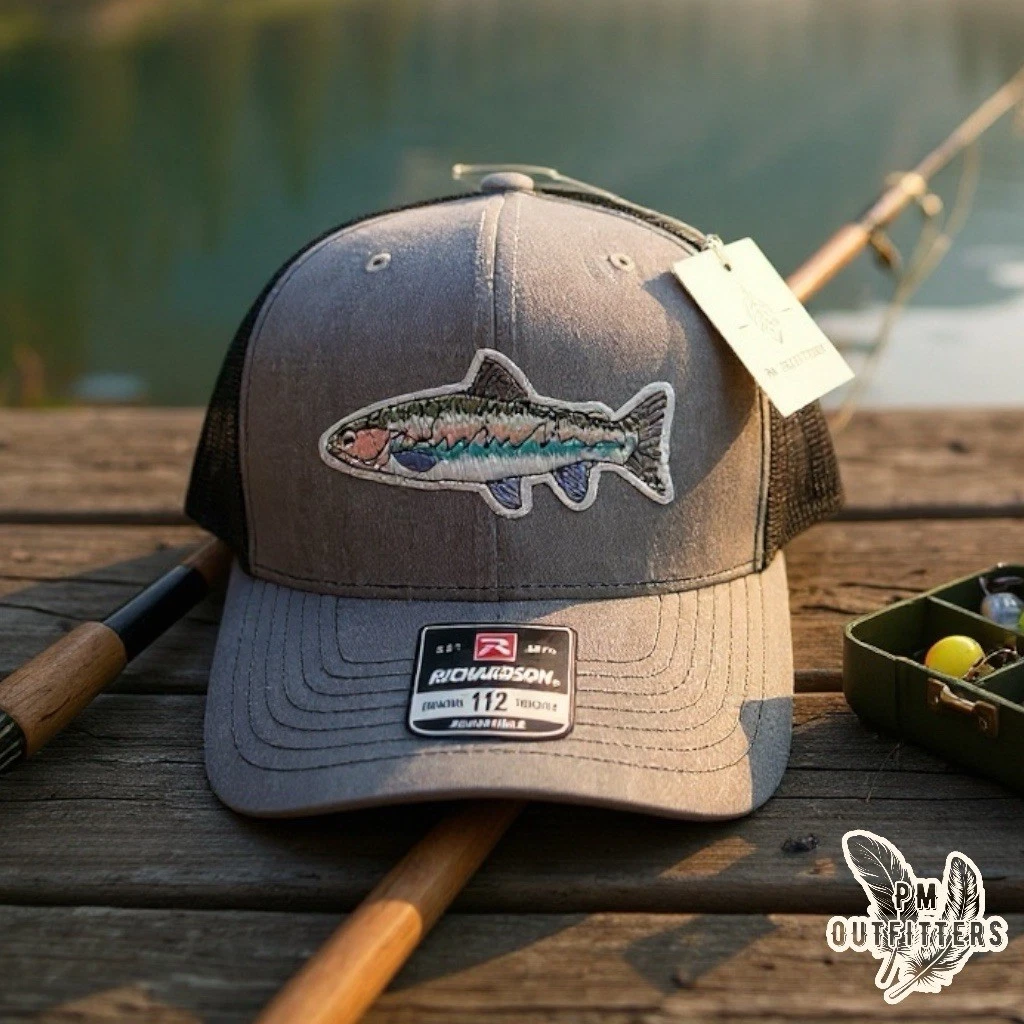 Rainbow Trout Embroidered Patch Richardson 112 Gray & Black Trucker Hat