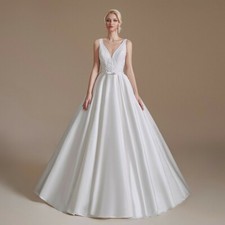 Lace Satin A Line White Ivory Wedding Dress Sleeveless V Neck Bridal Gown Belt