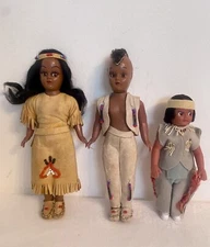 3 Vintage Native American Indian Dolls and Papoose Baby Suede Leather Beads