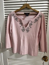 Finity Studio Pink 3/4 Slv Sweater W/ Black Embroidery At Neckline
