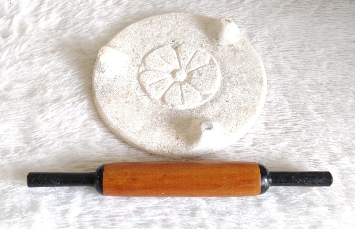 Antique Bread Baker Wooden Rolling Pin Handmade Marble Stone Flower Board STO418