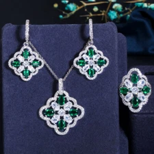 Silver Plated Geometric Necklace Earrings Ring Silver Plated Zircon Jewelry Set