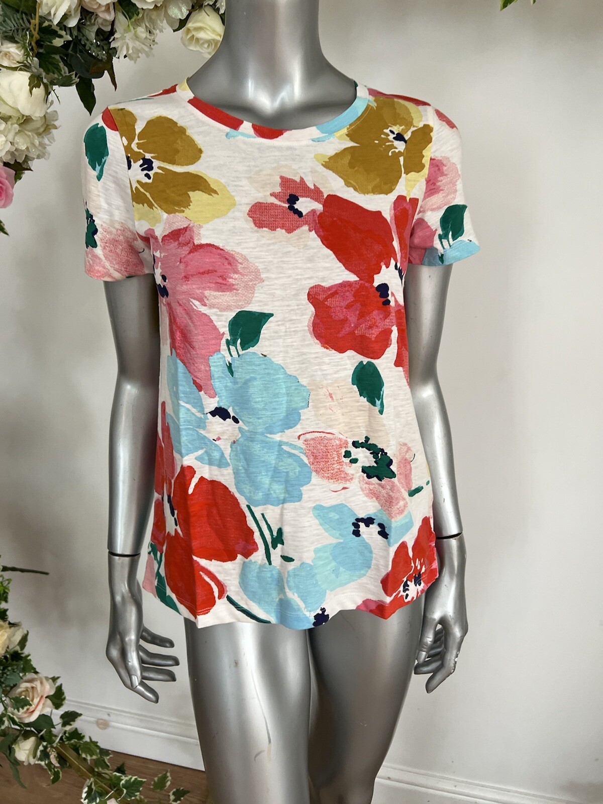 JOULES Carley White Floral Print Women's T-Shirt Size 10 NEW FREEPOST OO80