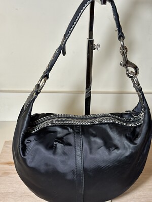Coach Purse Black Sateen Nylon Leather Hobo Satchel Shoulder