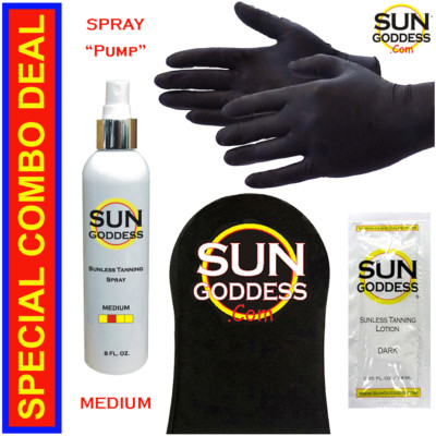 SUN GODDESS - Sunless Self Tanning Spray (Pump)  MEDIUM  8 oz & Best Tanner Mitt