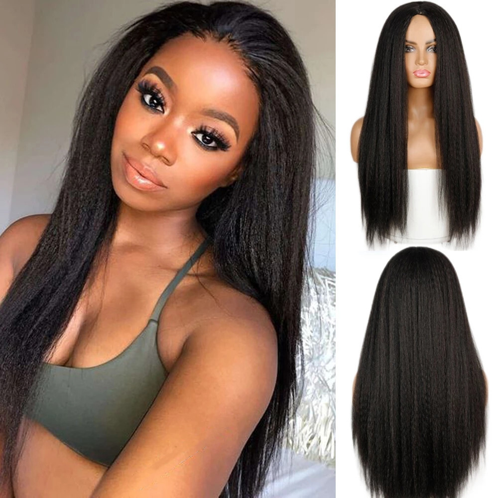 Long Yaki Straight Wig Black Synthetic Hair Wigs Natural 