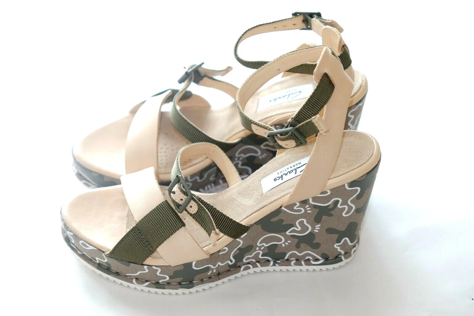 Sandali donna Clarks nudi verdi in pelle con zeppa 3 5 36 D nuovi