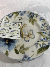 222 Fifth Lyanna Blue Butterfly Appetizer Plate 6.25"  Dessert Dish Set Of 4 NEW