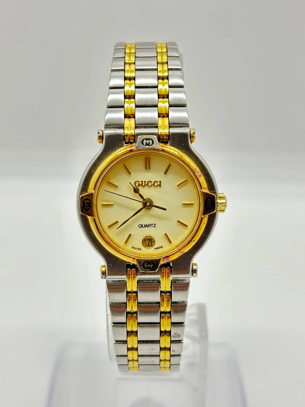 [Exc+5] Gucci 9000L deux tons acier cadran doré quartz femme occasion fonctionne