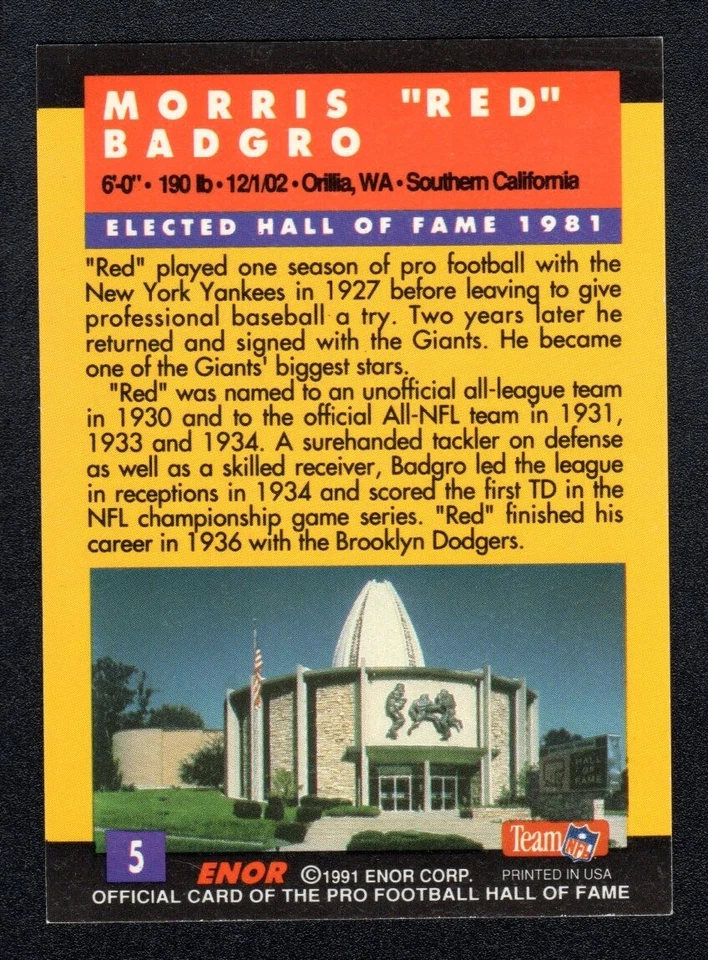 Morris Red Badgro Autographed Signed 1991 Enor Hall of Fame Football Card #5 A01 - Image 2 of 2